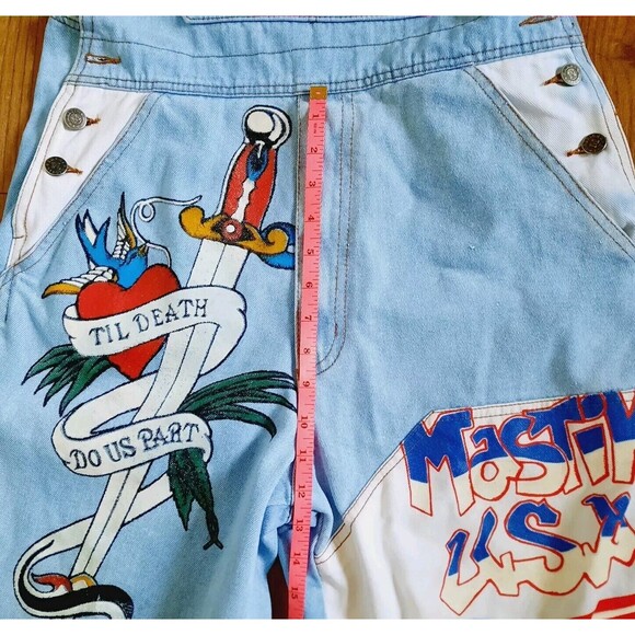 Vintage 90s Mastik Painted Denim Overalls Shorts Shortalls Women Size M USA - Picture 11 of 13